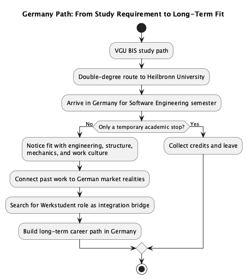 Timeline showing how study, work experience, and arrival in Heilbronn connect to long-term integration in Germany.