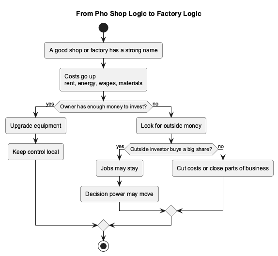 The pho shop analogy explains why outside money can preserve jobs while moving control.